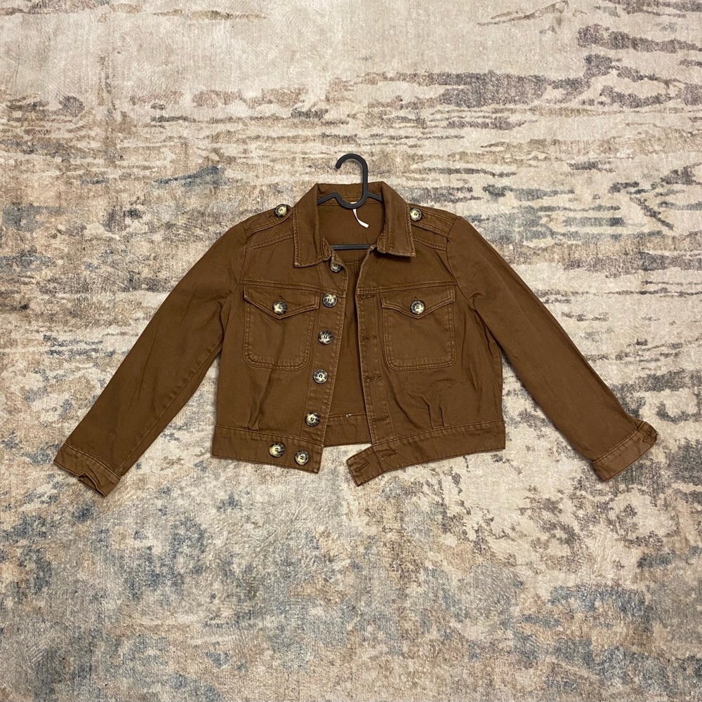 Brown Free People three quarter sleeve jean jacket